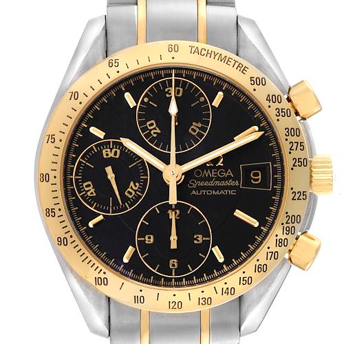 The Omega Speedmaster 3313.50.00 Men's Steel and Gold (two tone) Black Dial 3313.50.00 Men's Steel and Gold (two tone) Black Dial watch is shown from a front angle, displaying its black and gold face, three subdials, date window, and tachymeter bezel.