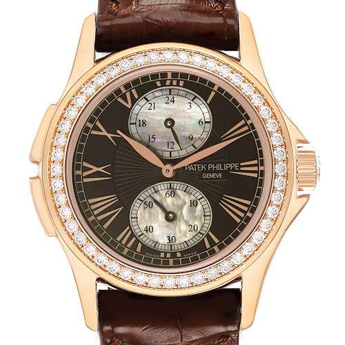 The image shows a frontal view of the Patek Philippe Calatrava 4934R Women's Rose Gold Mother of Pearl Dial watch, highlighting its brown dial, dual subdials, and diamond bezel.