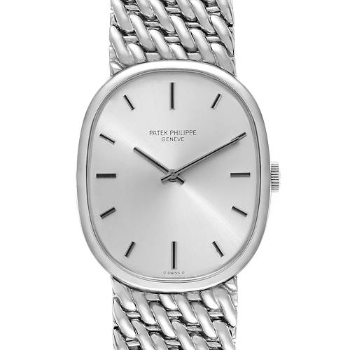 The image shows a frontal view of the Patek Philippe Golden Ellipse 3848 Men's White Gold Silver Dial 3848 Men's White Gold Silver Dial watch, focusing on its dial, case, and part of its metal bracelet.