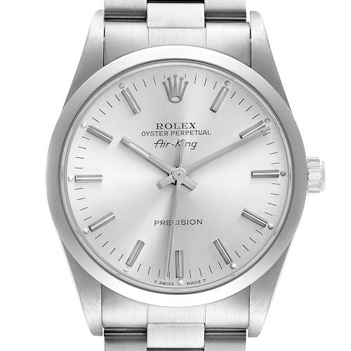 The Rolex Air-King 14000 Men's Stainless Steel Silver Dial watch is shown from the front, showcasing the dial, case, crown, and part of the bracelet.
