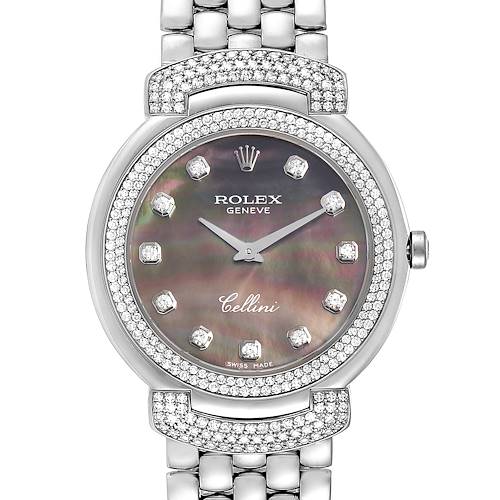 This is a front view of the Rolex Cellini 6683/9 Women's White Gold Mother of Pearl Dial 6683/9 Women's White Gold Mother of Pearl Dial watch showcasing its diamond-studded bezel and mother-of-pearl dial.
