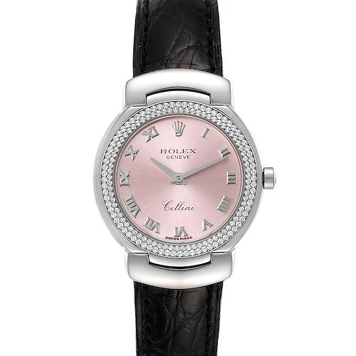 The Rolex Cellini 6671 Women's White Gold Pink Dial 6671 Women's White Gold Pink Dial watch is shown from a front angle, displaying its face, bezel, and black leather strap.