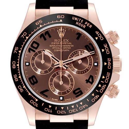 The image shows a front view of the Rolex Daytona 116515 Men's Rose Gold Black Dial 116515 Men's Rose Gold Black Dial watch, highlighting the dial, bezel, and pushers.