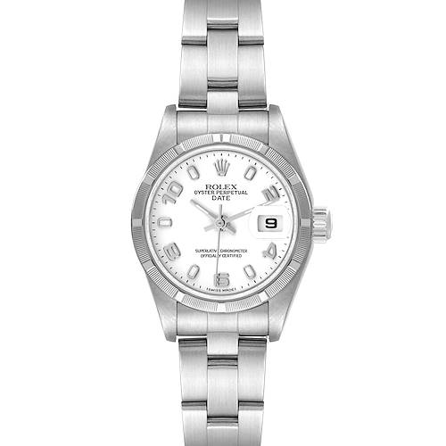 This image shows a front view of a Rolex Oyster Perpetual Date watch, highlighting its face, bezel, and bracelet.