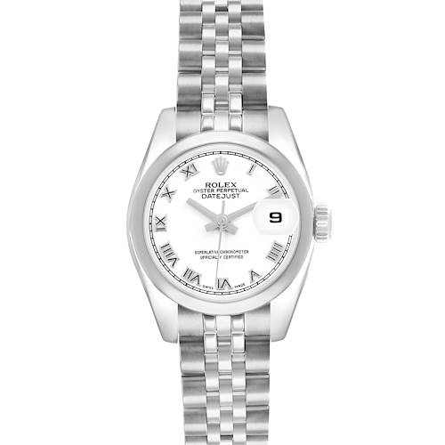 The image shows a Rolex Datejust 179160 Women's Stainless Steel White Dial watch from a top-down angle, displaying the face, bezel, and bracelet.