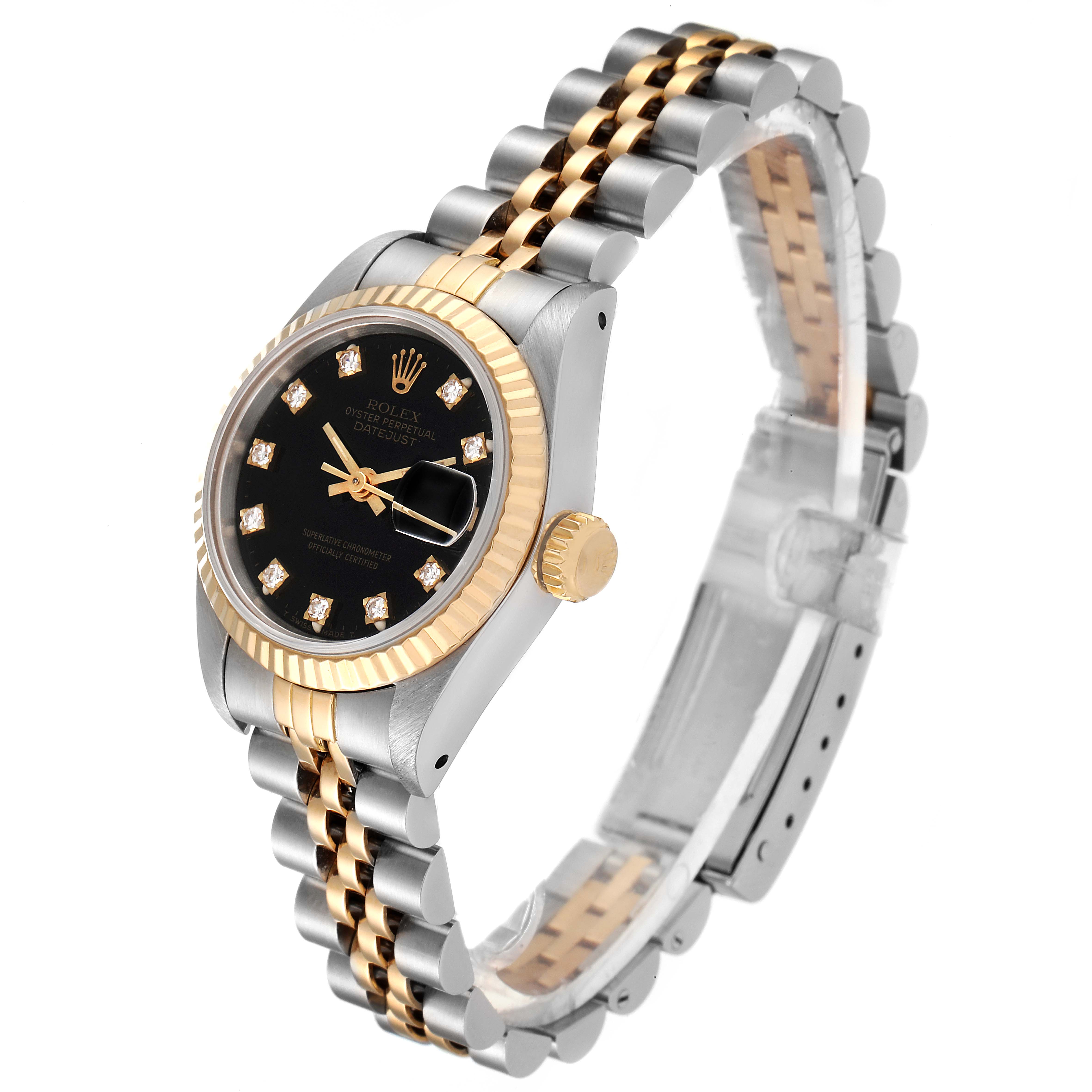 This image shows a Rolex Datejust 69173 Women's Steel and Gold (two tone) Black Dial 69173 Women's Steel and Gold (two tone) Black Dial watch at an angle displaying its black dial, fluted bezel, and two-tone jubilee bracelet.