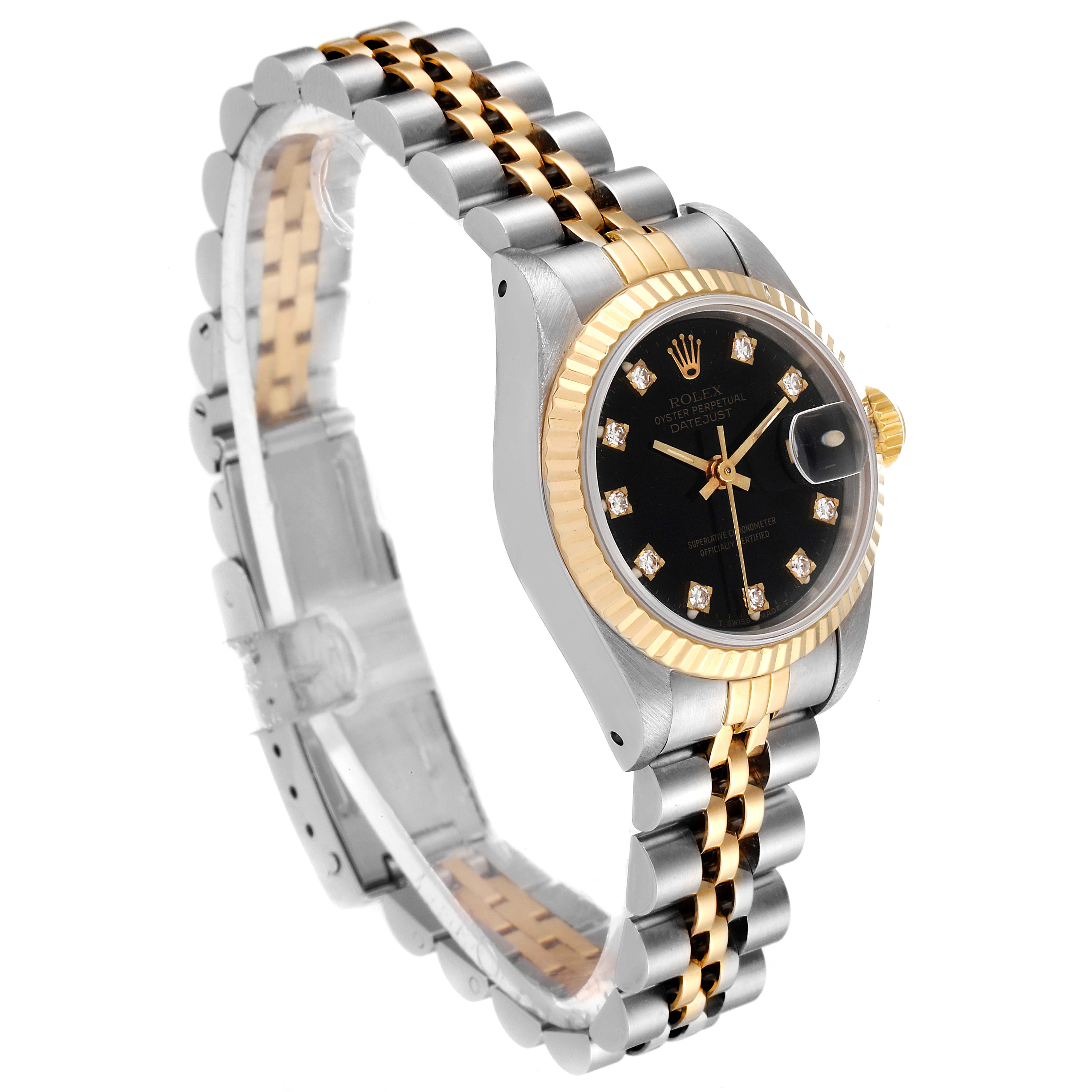 The Rolex Datejust 69173 Women's Steel and Gold (two tone) Black Dial 69173 Women's Steel and Gold (two tone) Black Dial watch is shown at a front-side angle, featuring its two-tone bracelet, black dial, and fluted bezel.