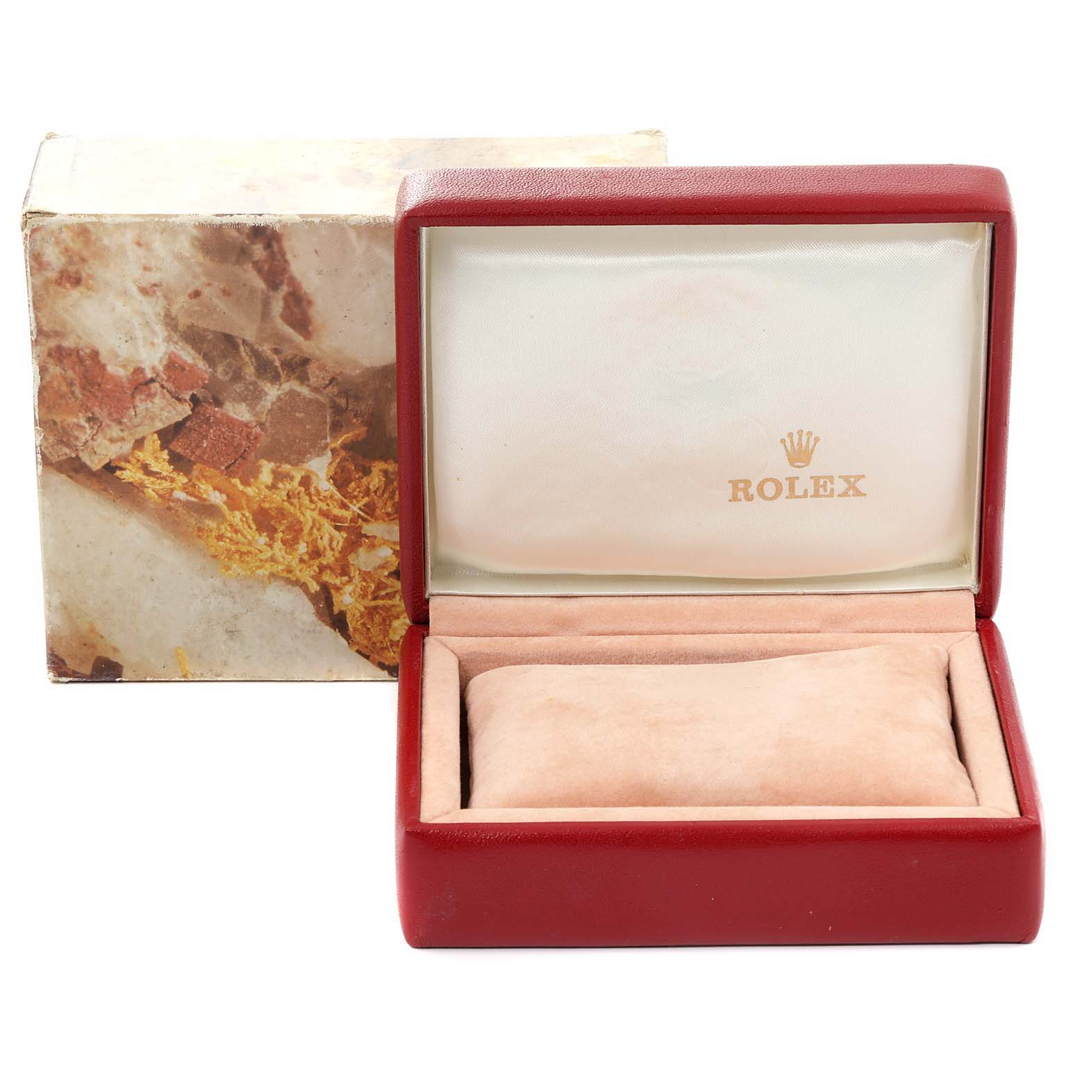 The image shows a Rolex Datejust 69173 Women's Steel and Gold (two tone) Black Dial 69173 Women's Steel and Gold (two tone) Black Dial watch box with a closed pillow insert and the outer packaging visible in the background.