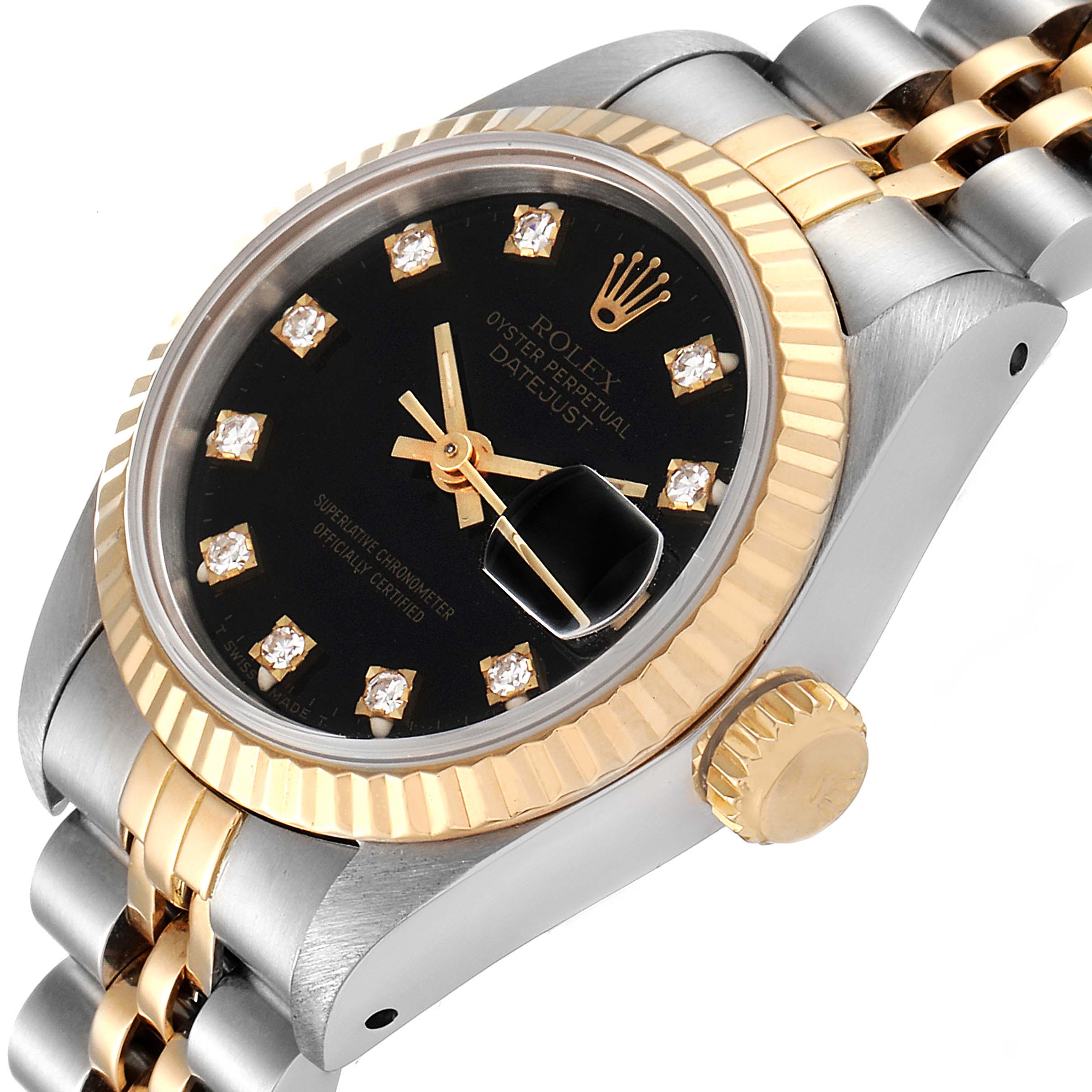 This image shows a close-up angle of a Rolex Datejust 69173 Women's Steel and Gold (two tone) Black Dial 69173 Women's Steel and Gold (two tone) Black Dial watch, featuring the dial, crown, and part of the bracelet.