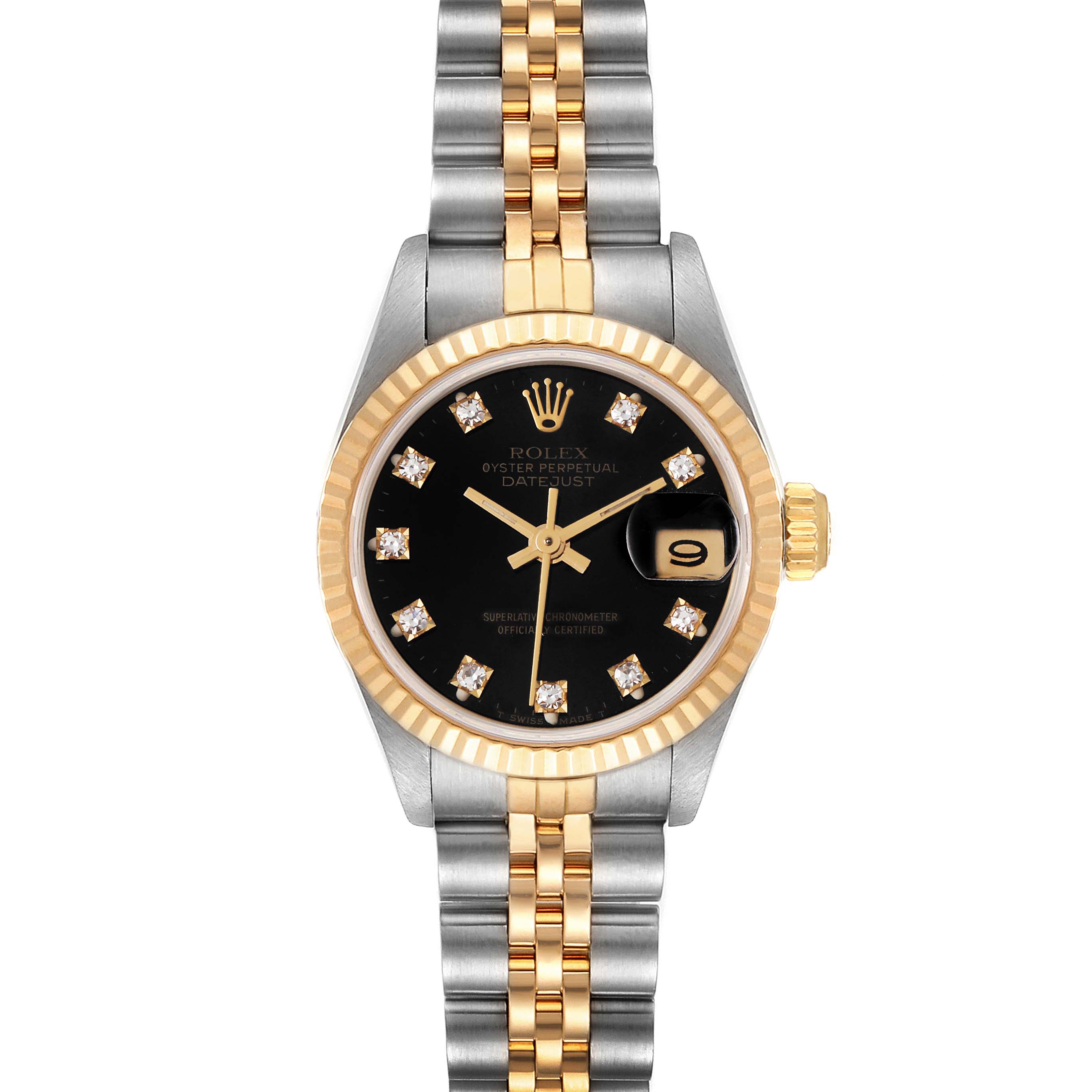 This image shows a Rolex Datejust 69173 Women's Steel and Gold (two tone) Black Dial 69173 Women's Steel and Gold (two tone) Black Dial watch from a front angle, highlighting its black dial, diamond markers, and two-tone bracelet.
