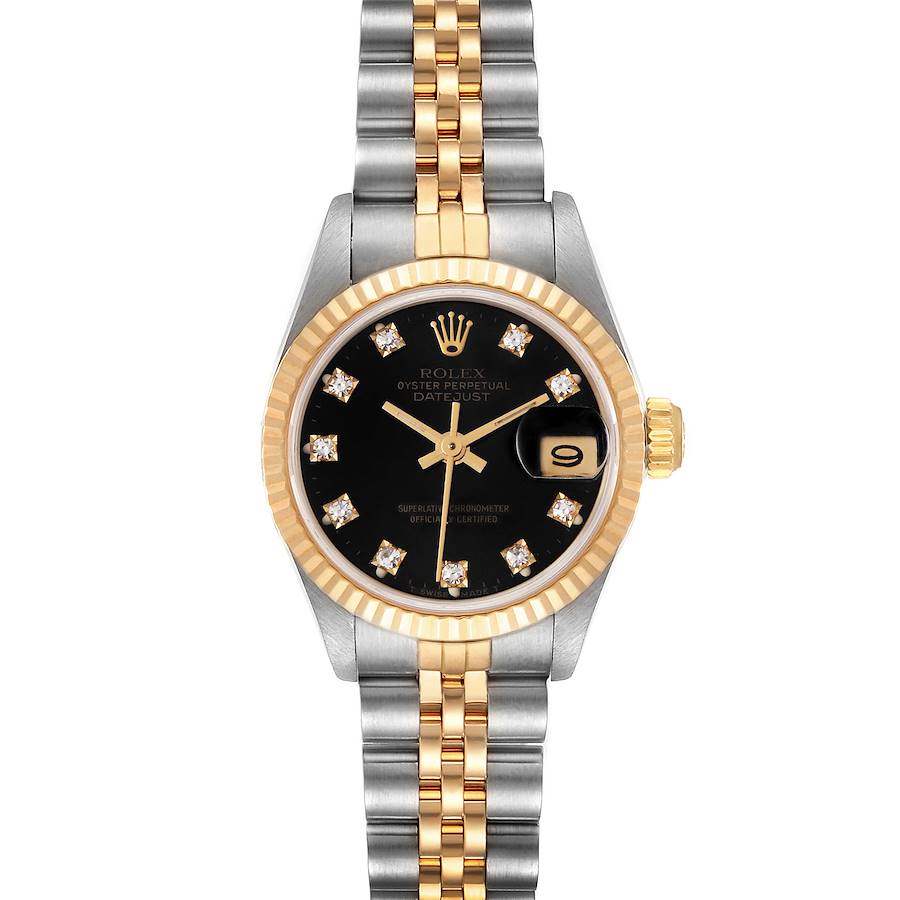 This image shows a Rolex Datejust 69173 Women's Steel and Gold (two tone) Black Dial 69173 Women's Steel and Gold (two tone) Black Dial watch from a front angle, highlighting its black dial, diamond markers, and two-tone bracelet.