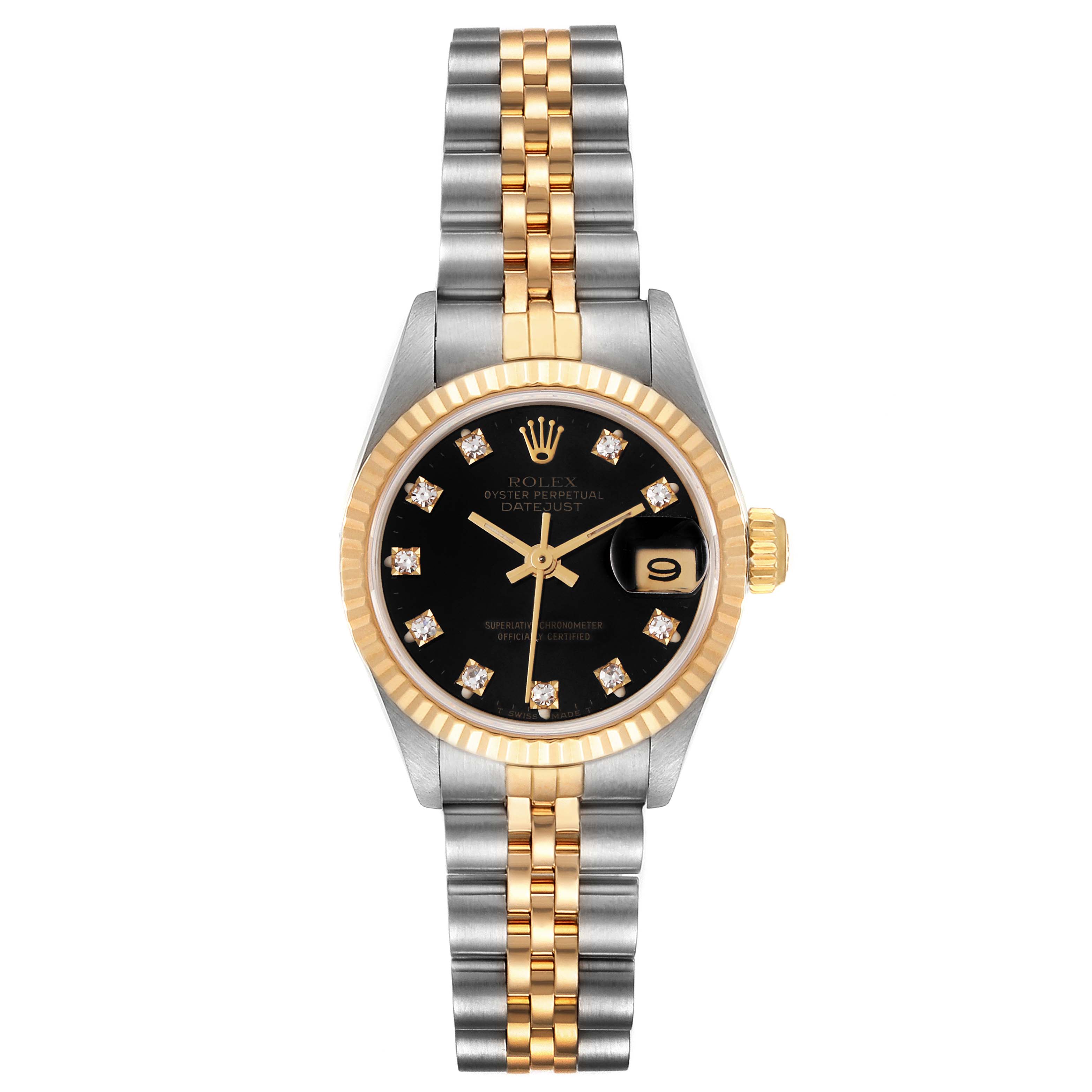 The image shows a Rolex Datejust 69173 Women's Steel and Gold (two tone) Black Dial 69173 Women's Steel and Gold (two tone) Black Dial watch from the front, featuring a gold and silver bracelet, black dial, and diamond hour markers.