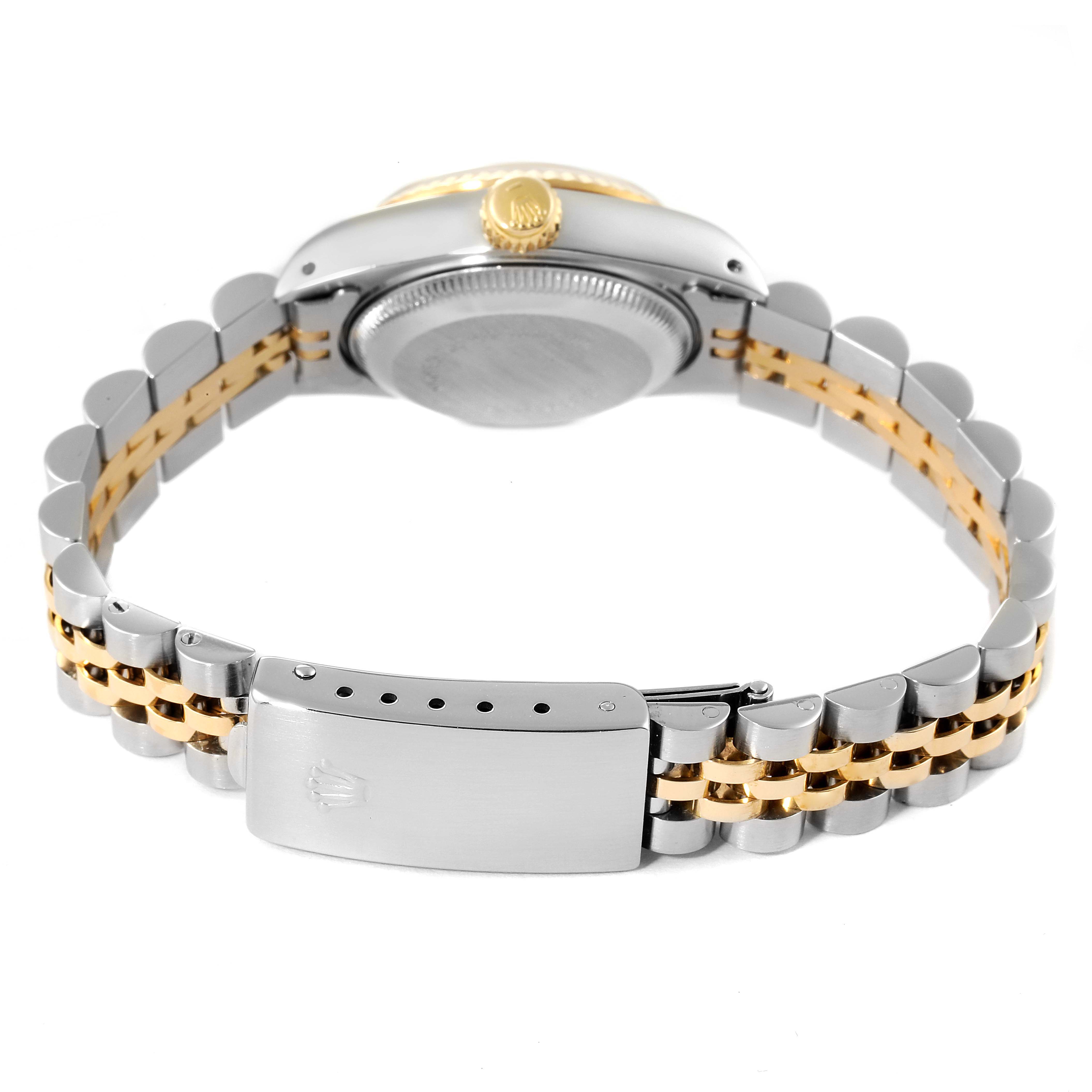 This image shows the back view of the Rolex Datejust 69173 Women's Steel and Gold (two tone) Black Dial 69173 Women's Steel and Gold (two tone) Black Dial watch, focusing on the clasp, bracelet, and caseback.