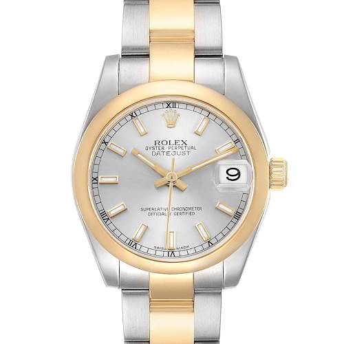 The Rolex Datejust 178243 Women's Steel and Gold (two tone) Silver Dial watch is shown from the front, displaying its dial, hands, bezel, and part of the bracelet.