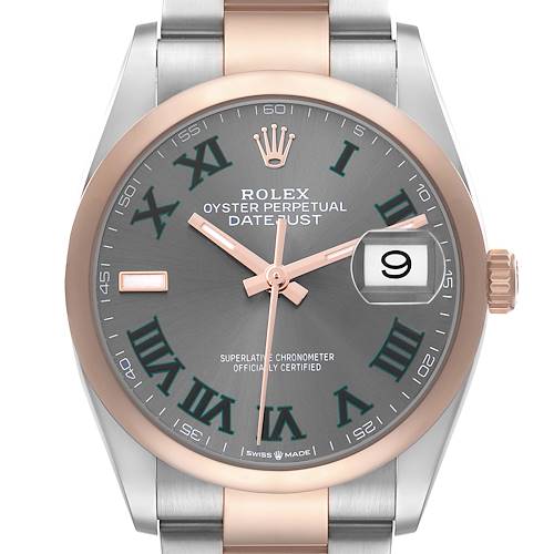The Rolex Datejust 126201 Men's Steel and Gold (two tone) Grey Dial watch is shown from the front, displaying its dial, Roman numeral markers, hands, cyclops lens, and bezel.
