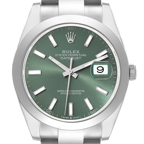 The image shows a frontal view of the Rolex Datejust 41 126300 Men's Stainless Steel Green Dial 126300 Men's Stainless Steel Green Dial watch with a green dial and date window.