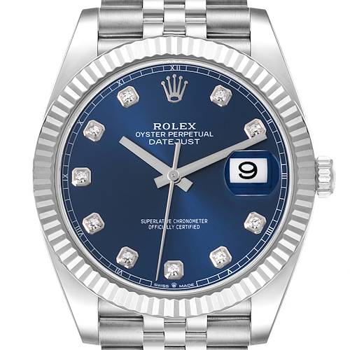 The Rolex Datejust 41 126334 Men's Stainless Steel Blue Dial 126334 Men's Stainless Steel Blue Dial watch is shown from a front angle, highlighting its blue dial, jubilee bracelet, and fluted bezel.