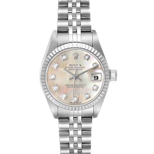 This image shows a front view of the Rolex Datejust 79174 Women's Stainless Steel Mother of Pearl Dial 79174 Women's Stainless Steel Mother of Pearl Dial watch, highlighting its dial, date window, and bracelet.