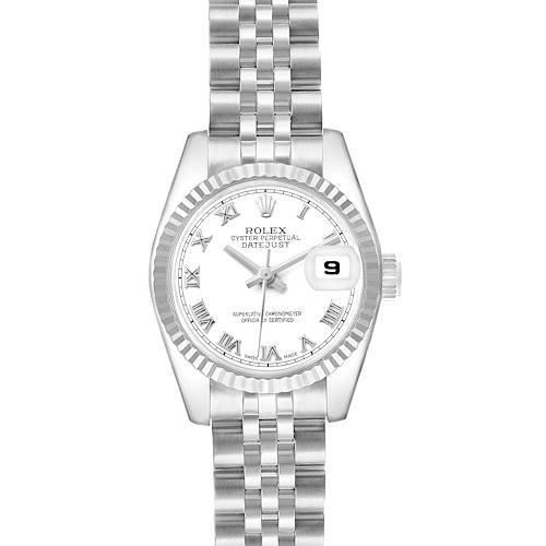 The Rolex Datejust 179174 Women's Stainless Steel White Dial is shown from the front, highlighting the dial, bezel, and bracelet.