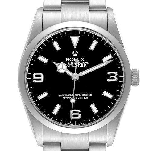 The Rolex Explorer 114270 Men's Stainless Steel Black Dial watch is shown from the front, displaying the dial, crown, and part of the bracelet.