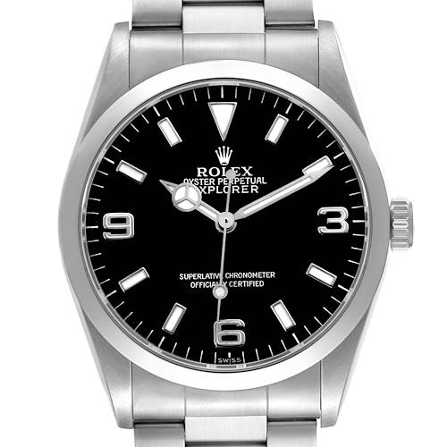 The Rolex Explorer 14270 Men's Stainless Steel Black Dial watch is shown from a front angle, highlighting the dial, hands, bezel, and part of the bracelet.