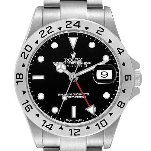The image shows a frontal close-up of the Rolex Explorer 16570 Men's Stainless Steel Black Dial II watch, highlighting the bezel, dial, hands, and date window.