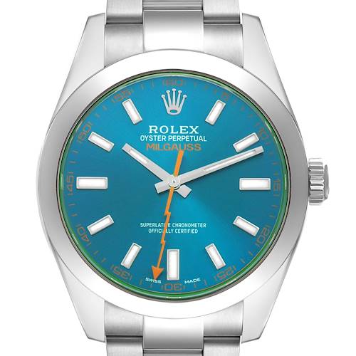 The Rolex Milgauss 116400 Men's Stainless Steel Blue Dial watch is shown from the front, displaying the blue dial, orange lightning bolt second hand, and part of the bracelet.