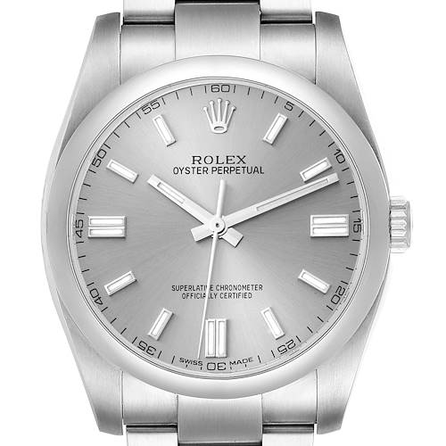 This is a front view of a Rolex Oyster Perpetual 116000 Men's Stainless Steel Grey Dial 116000 Men's Stainless Steel Grey Dial watch, showing its metallic dial, hands, and bracelet.