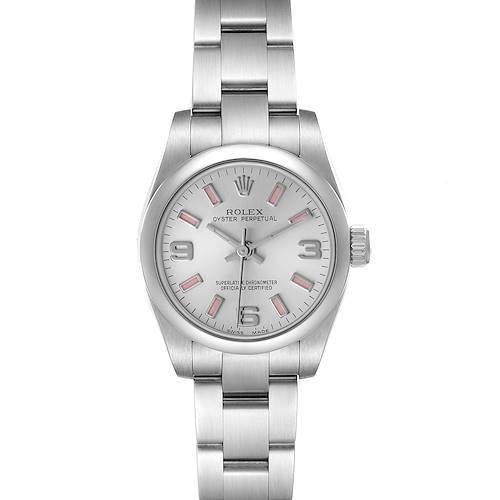 This image shows a front view of the Rolex Oyster Perpetual 176200 Women's Stainless Steel Silver Dial 176200 Women's Stainless Steel Silver Dial watch, displaying its face, bezel, and metal bracelet.