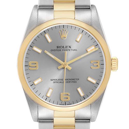 This Rolex Oyster Perpetual 14203 Men's Steel and Gold (two tone) Grey Dial watch is shown from the front, highlighting its dial, bezel, and part of the bracelet.