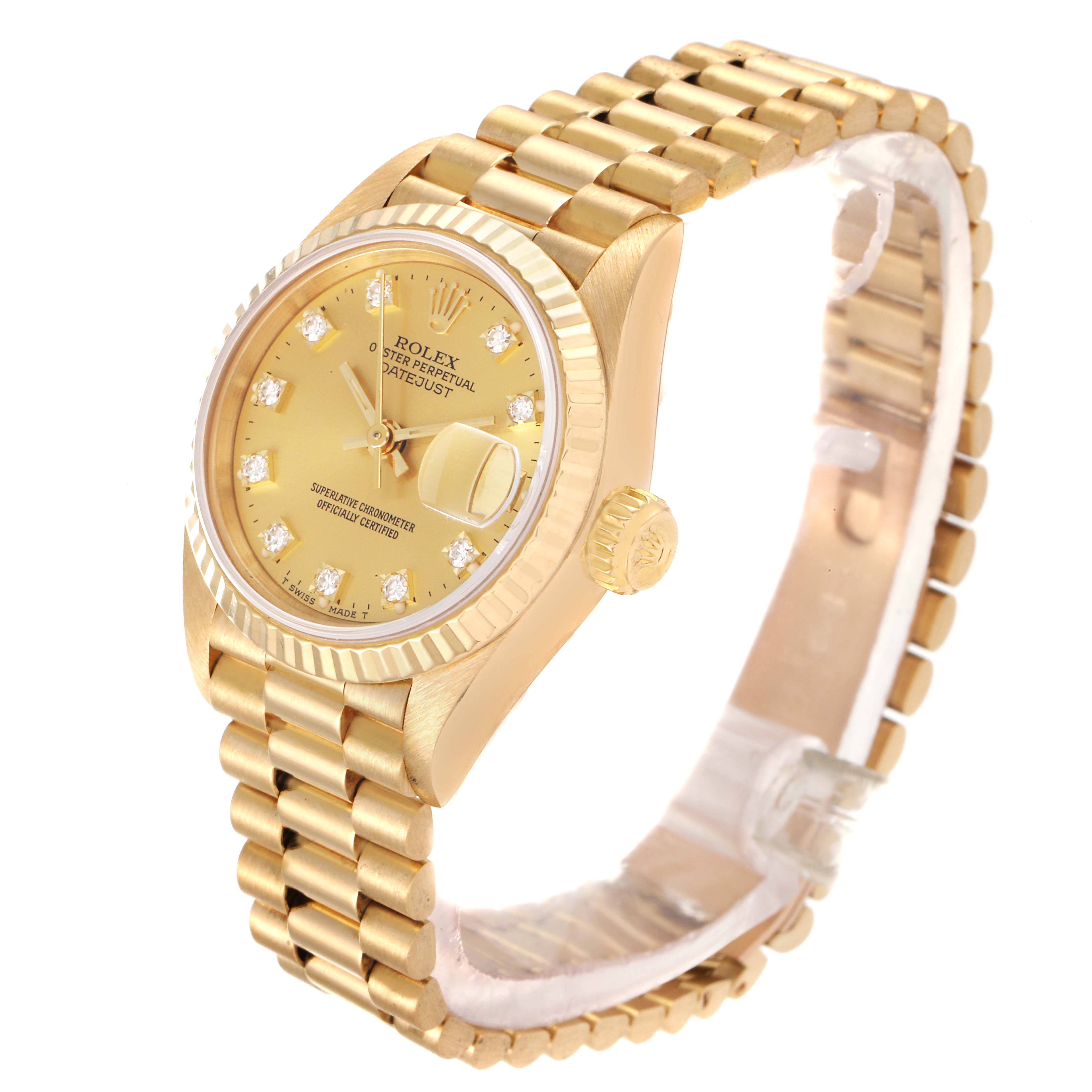 This image shows the Rolex President 69178 Women's Yellow Gold Champagne Dial 69178 Women's Yellow Gold Champagne Dial model watch at a three-quarter angle, highlighting the gold dial, bezel, and bracelet.