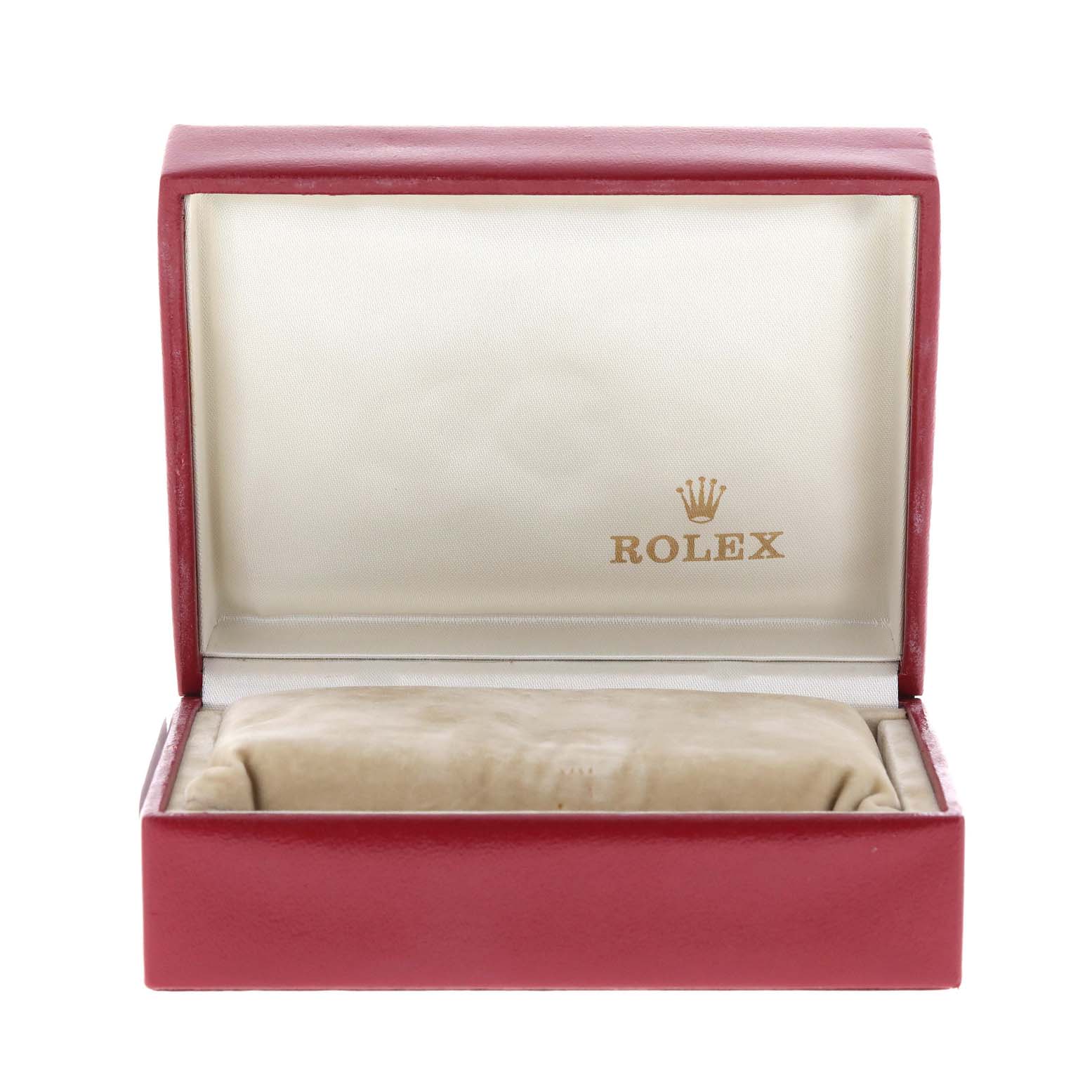 The image shows an open Rolex box for the President model, displaying the inner padding and the Rolex logo.