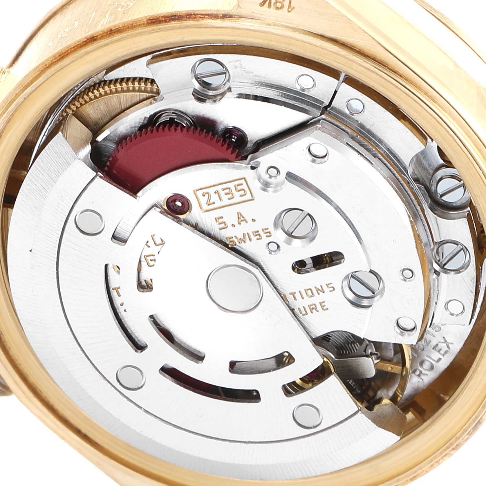 The image shows the movement mechanism of a Rolex President 69178 Women's Yellow Gold Champagne Dial 69178 Women's Yellow Gold Champagne Dial model watch, captured from the back with its case opened.