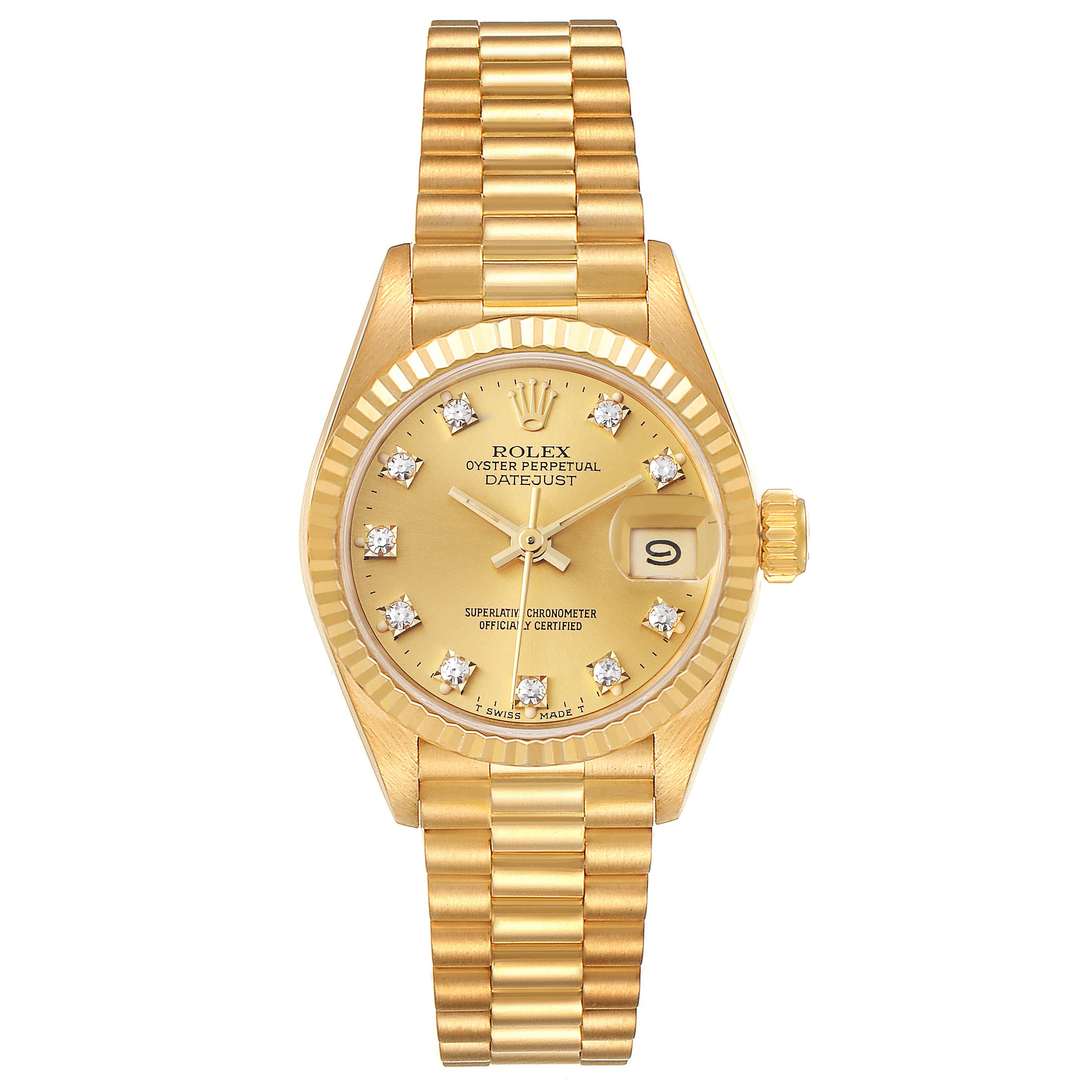 The Rolex President 69178 Women's Yellow Gold Champagne Dial 69178 Women's Yellow Gold Champagne Dial model watch is shown from the front, highlighting its gold bracelet, dial, date window, and diamond hour markers.