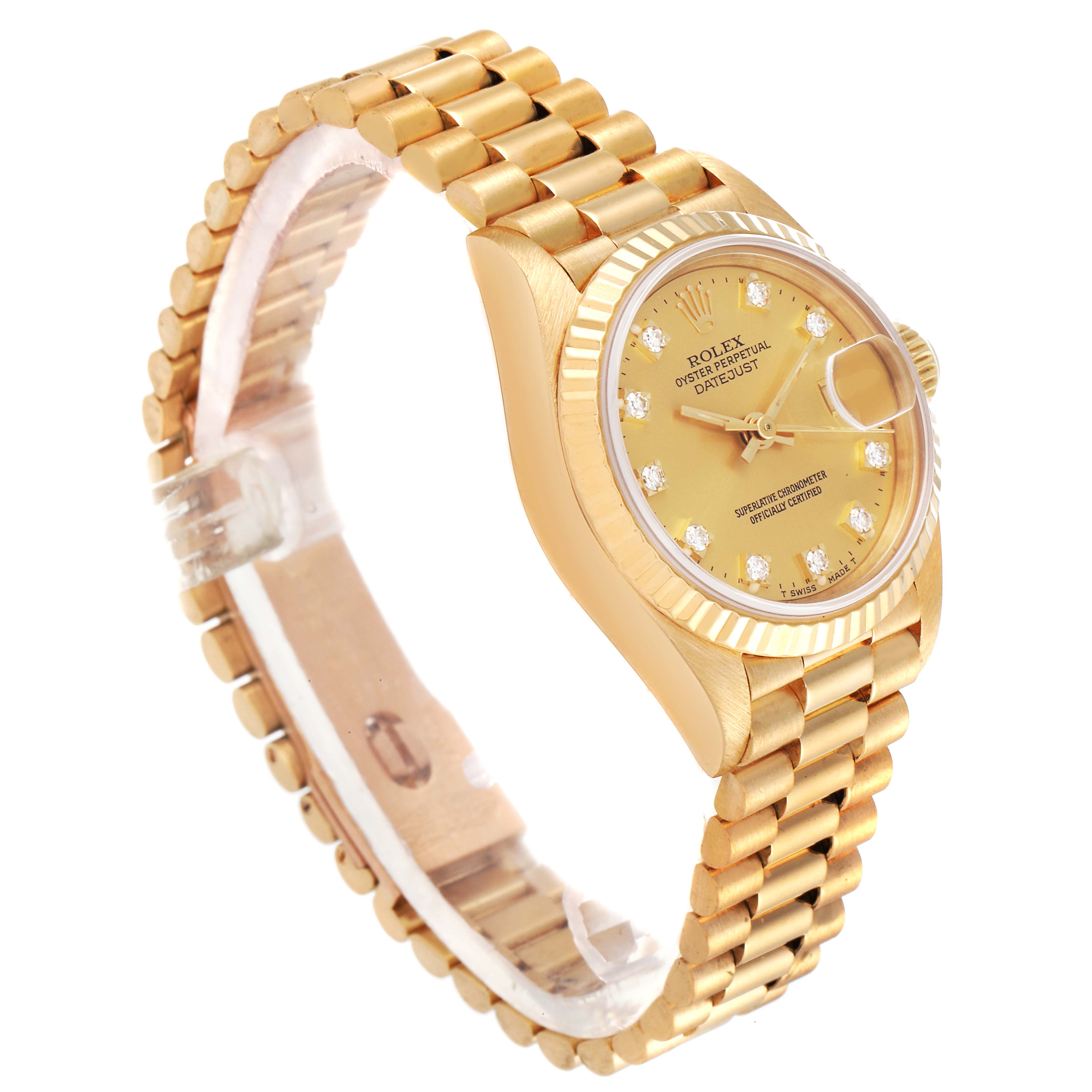 The image shows a Rolex President 69178 Women's Yellow Gold Champagne Dial 69178 Women's Yellow Gold Champagne Dial model watch at an angle, highlighting the gold bracelet, fluted bezel, and diamond hour markers.