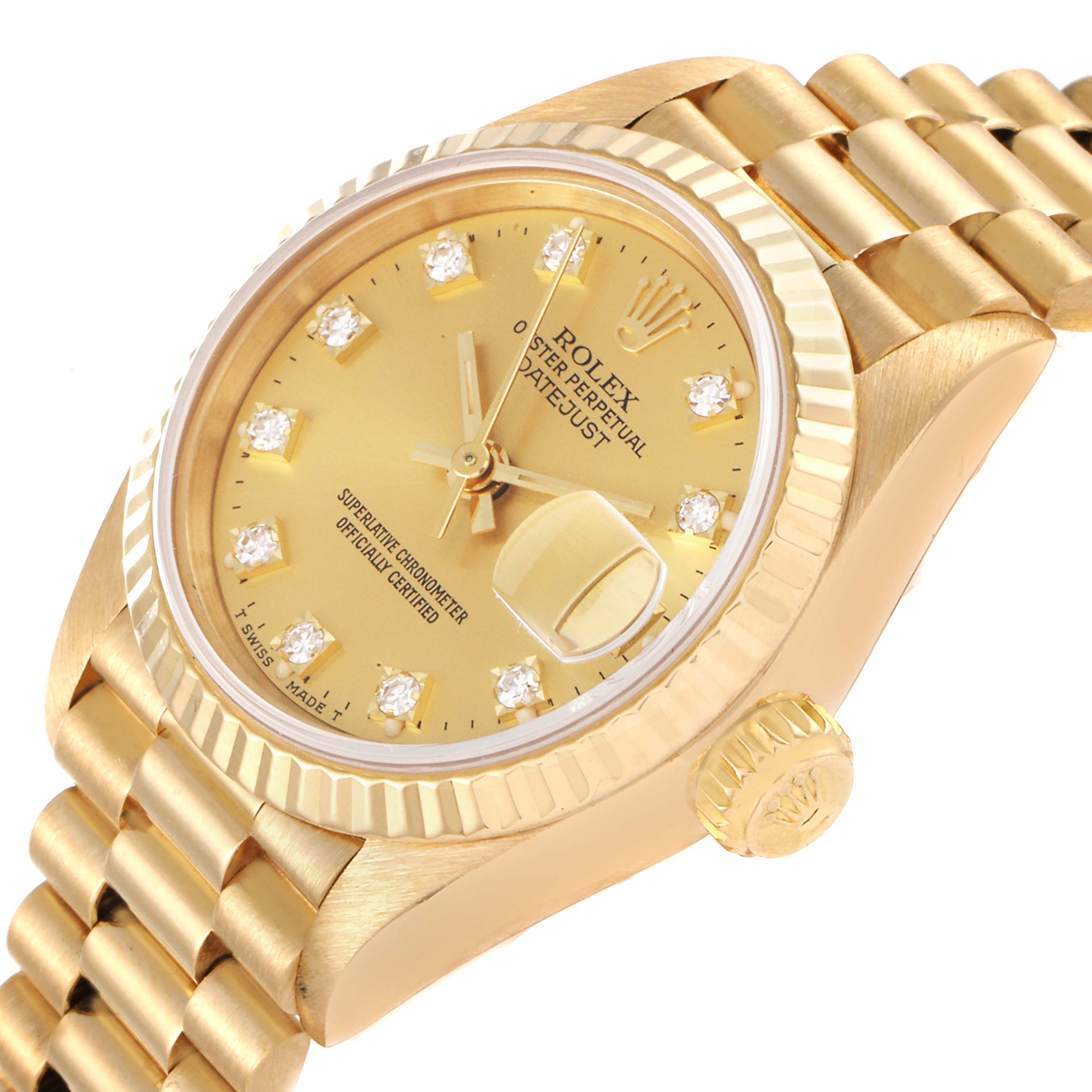 The image shows a gold Rolex President 69178 Women's Yellow Gold Champagne Dial 69178 Women's Yellow Gold Champagne Dial model watch from a side angle, highlighting the dial, bezel, crown, and part of the bracelet.