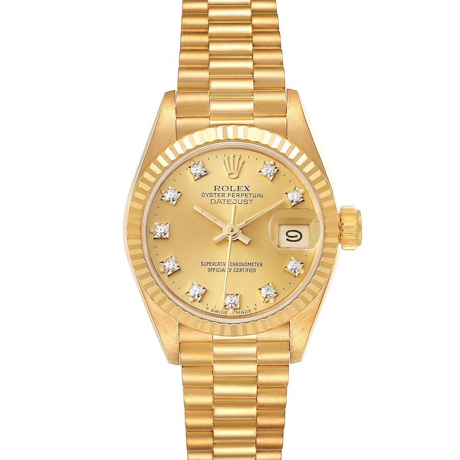 This image shows the front view of the Rolex President 69178 Women's Yellow Gold Champagne Dial 69178 Women's Yellow Gold Champagne Dial model watch, highlighting its dial, bezel, and bracelet.