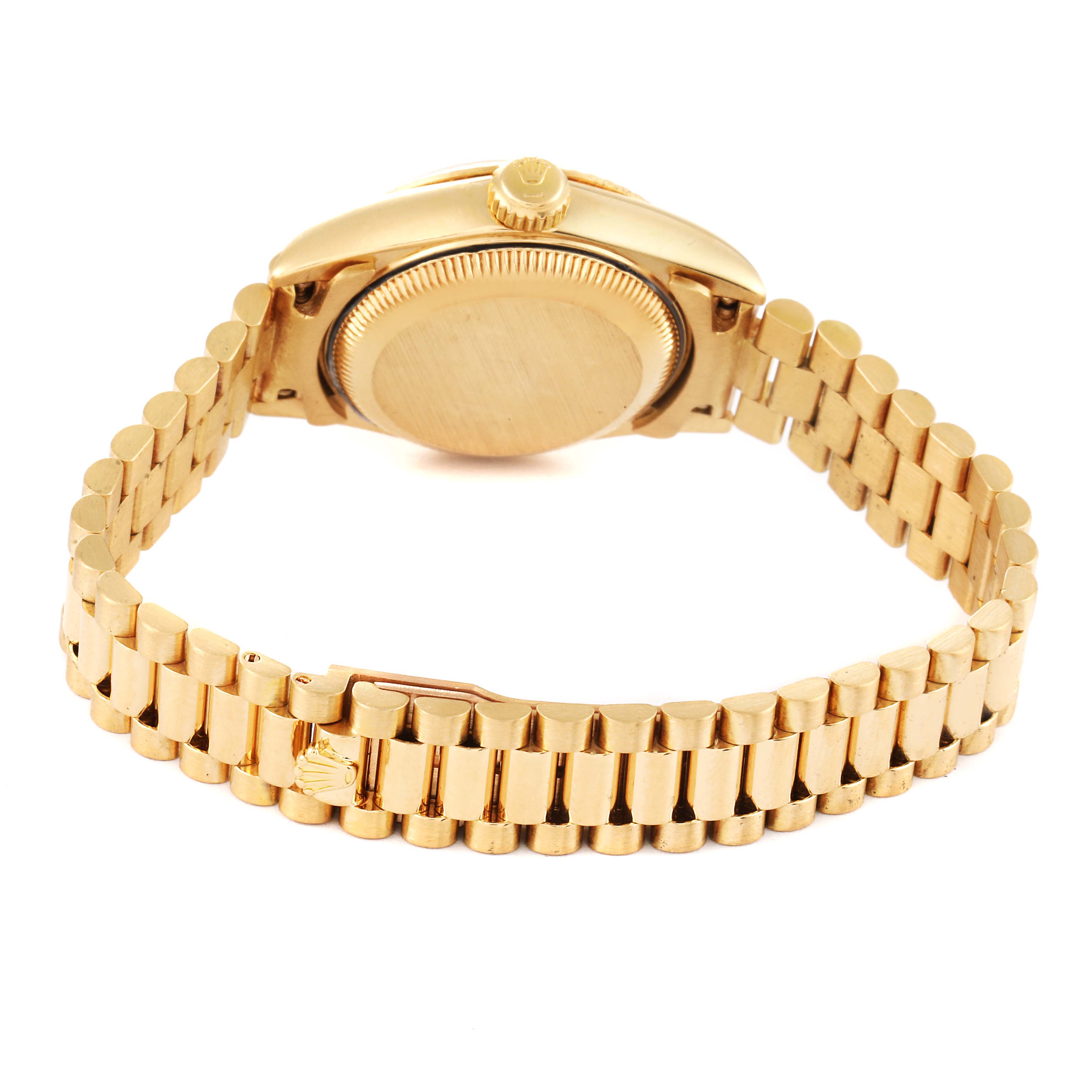 This image shows the back view of a Rolex President 69178 Women's Yellow Gold Champagne Dial 69178 Women's Yellow Gold Champagne Dial model watch, highlighting the bracelet and clasp.