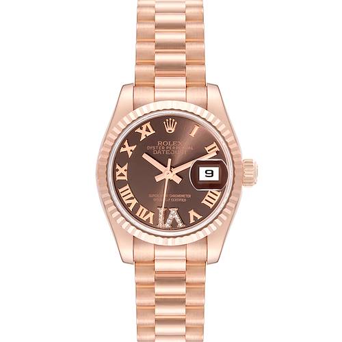 The image shows a frontal view of a Rolex President 179175 Women's Rose Gold Brown Dial 179175 Women's Rose Gold Brown Dial model watch, displaying the dial, bezel, and bracelet.