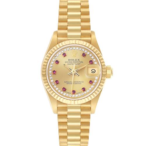 The Rolex President 69178 Women's Yellow Gold Champagne Dial watch is shown from a top view, displaying the dial, bezel, and bracelet.
