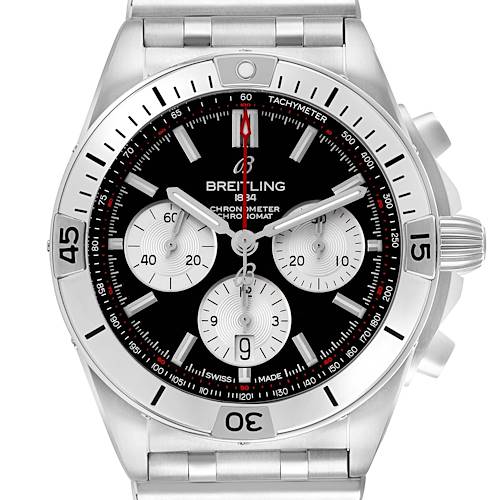 The image shows a front view of the Breitling Chronomat AB0134 Men's Stainless Steel Black Dial watch, highlighting its dial, bezel, and stainless steel bracelet.