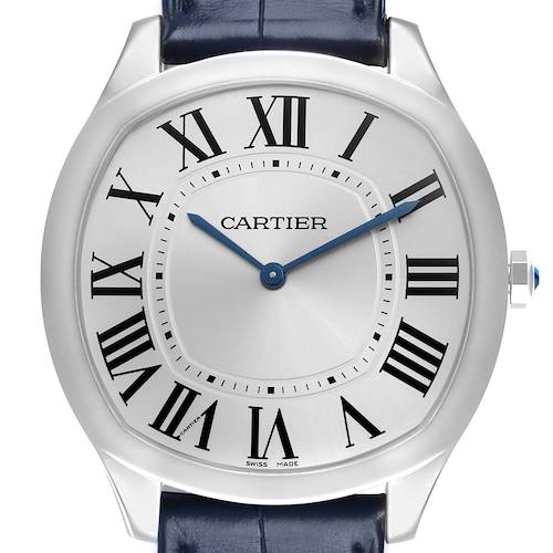 The Drive de Cartier watch by Cartier is shown from a front angle, highlighting its dial, blue hands, Roman numerals, and part of the strap.