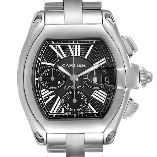 The image shows a front view of the Cartier Roadster W62020X6 Men's Stainless Steel Black Dial W62020X6 Men's Stainless Steel Black Dial watch, highlighting its dial, hands, and chronograph subdials.