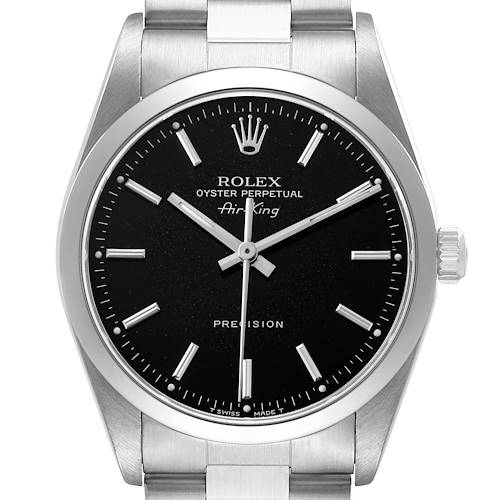 The Rolex Air-King 14000 Men's Stainless Steel Black Dial watch is shown from a front angle, displaying the black dial, silver indices, and part of the bracelet.