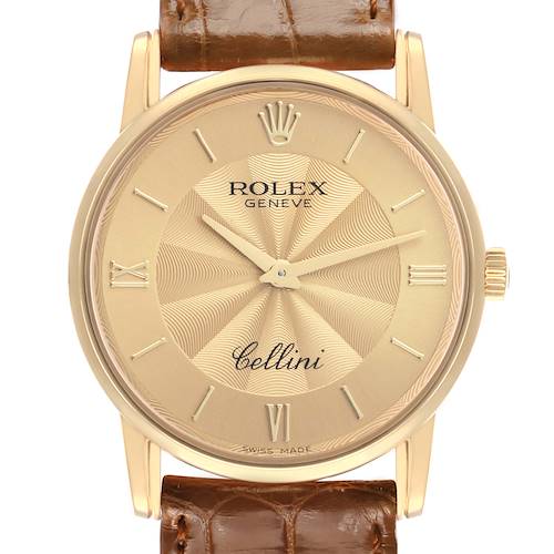 The Rolex Cellini 5116 Men's Yellow Gold Champagne Dial watch is shown from the front, displaying the face, gold case, crown, and brown leather strap.