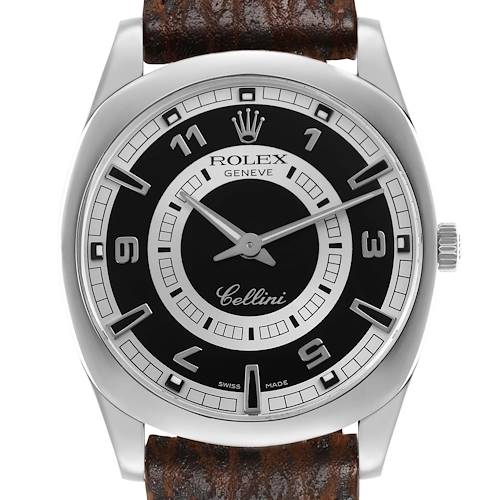 The Rolex Cellini 4243 Men's White Gold Black Dial watch is shown from the front, displaying its dial, case, crown, and part of the leather strap.