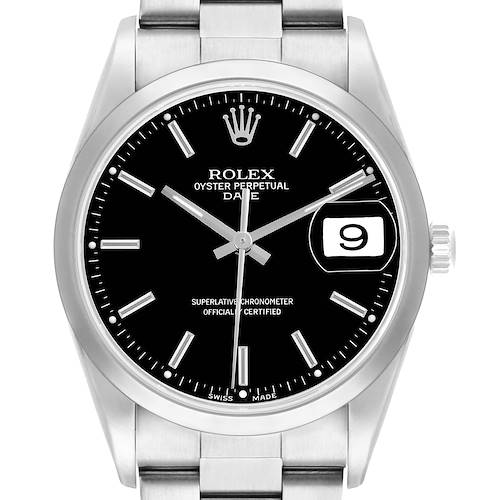 The Rolex Date 15200 Men's Stainless Steel Black Dial watch is shown from a front angle, displaying the dial, hands, markers, and date window.