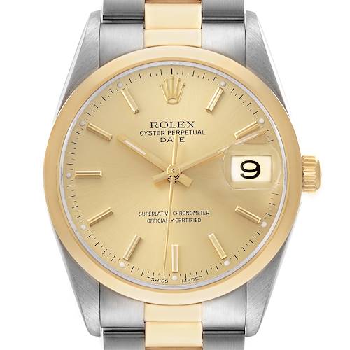 The Rolex Date 15203 Men's Steel and Gold (two tone) Champagne Dial watch is shown from the front, highlighting its gold dial, crown, and case.