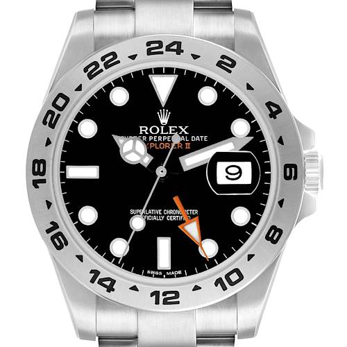 The image shows a front view of the Rolex Explorer 216570 Men's Stainless Steel Black Dial II, highlighting the bezel, dial, hands, and date window.