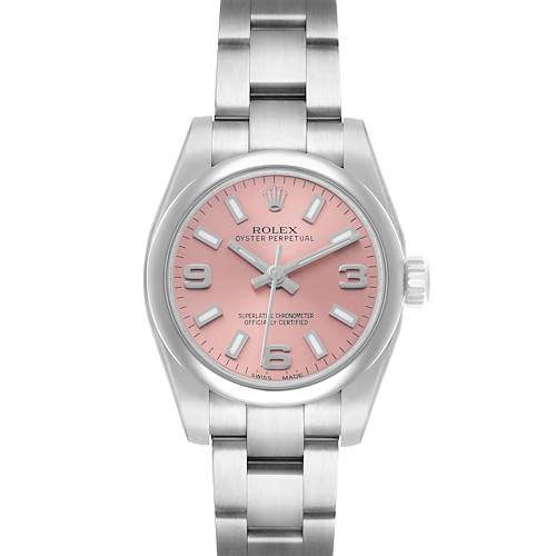 The Rolex Oyster Perpetual 176200 Women's Stainless Steel Pink Dial watch is shown from the front, highlighting the pink dial, hands, and stainless steel bracelet.